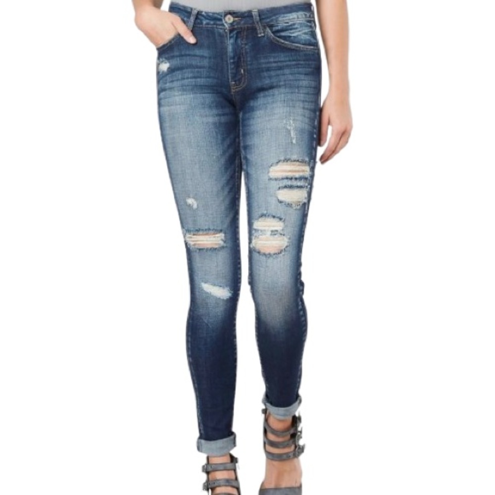 KanCan Mid Rise Skinny Stretch Distressed Denim Thrashed Grunge Cuffed Jeans